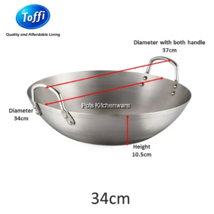 Toffi High Quality Stainless Steel Double Ear Frying Wok Fry Pan Kuali 不锈钢双耳炒锅 (34cm/36cm/38cm/40cm) - C1634M
