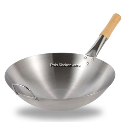 Premium Stainless Steel Deep Chinese Wok with Wooden Handle Kuali 不锈钢木柄炒锅 (32cm/34cm/36cm/38cm/40cm) - C4000M