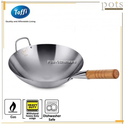 Toffi Stainless Steel Deep Chinese Wok with Wooden Handle Kuali 不锈钢木柄炒锅 (32cm/34cm/36cm/38cm/40cm) - C1032M