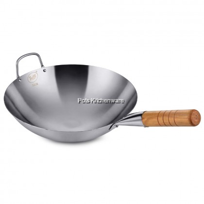 Toffi Stainless Steel Deep Chinese Wok with Wooden Handle Kuali 不锈钢木柄炒锅 (32cm/34cm/36cm/38cm/40cm) - C1032M