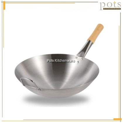 Premium Stainless Steel Deep Chinese Wok with Wooden Handle Kuali 不锈钢木柄炒锅 (32cm/34cm/36cm/38cm/40cm) - C4000M