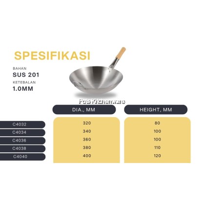 Premium Stainless Steel Deep Chinese Wok with Wooden Handle Kuali 不锈钢木柄炒锅 (32cm/34cm/36cm/38cm/40cm) - C4000M