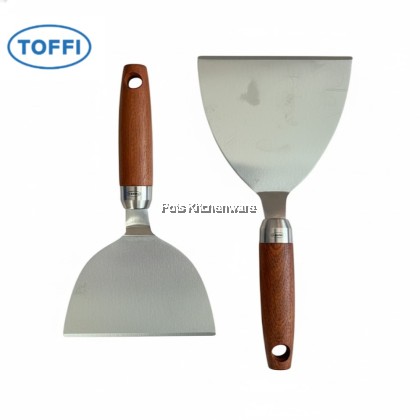Toffi Stainless Steel Scraper Wooden Handle / Slope Burger Scrapper Spatula Shovel Tepanyaki Turner