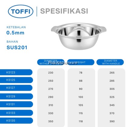 Toffi SUS201 Stainless Steel Bowl Basin Strainer Colander with handle- K5100