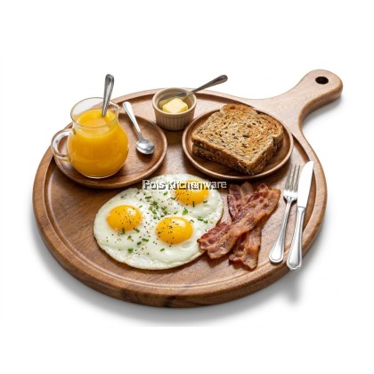 Natural Wood Round Serving Plate Tray W/Hdl Dulang Bulat Kayu Semula Jadi 实木圆形托盘-W00-B902010M
