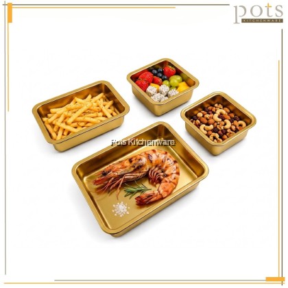 Stainless Steel Gold Rectangular Square Plate for Barbecue Tray Kitchen Dining Table Plates Dulang Pelbagai Guna金色不锈钢长方形餐盘 S00-B901140